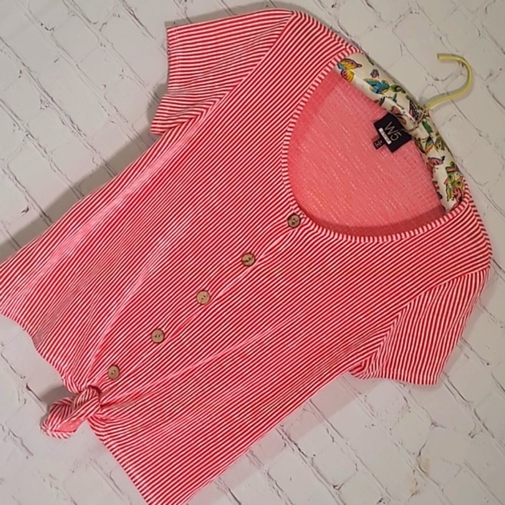 W5 Red & White Stripe Wood Button Front Tie Rockabilly Tee Tshirt Womens Size M - Picture 6 of 16